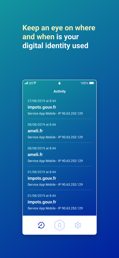 Yris - Pantalla del registro de actividad de la aplicación Yris mostrando una lista de usos de la identidad digital con marcas de tiempo y nombres de servicio