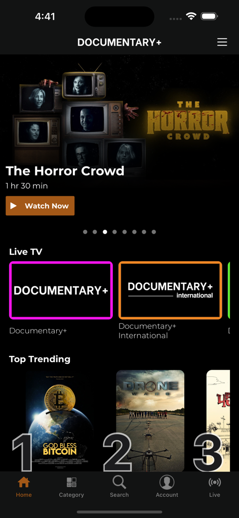 DOCUMENTARY+ | Streaming App - The DOCUMENTARY+ app home screen on iPhone displaying trending documentary films and live TV channels.
