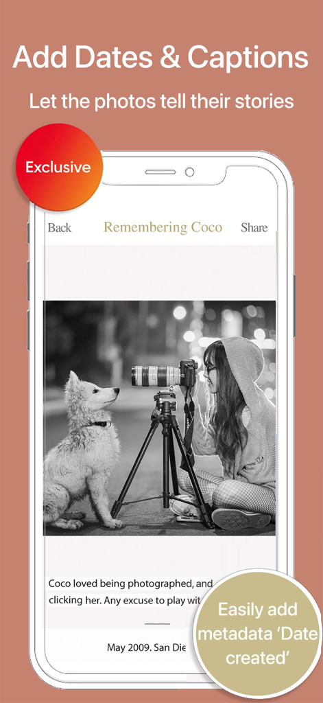 Pic Scanner Gold: Scan photos - Pic Scanner Gold app screen showing how to add dates and captions to scanned family photos.