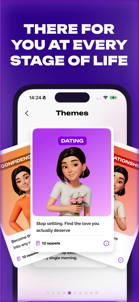 Emily: AI Life Coach - Emily AI Life Coach app interface showing coaching themes like dating and confidence with a 3D female avatar