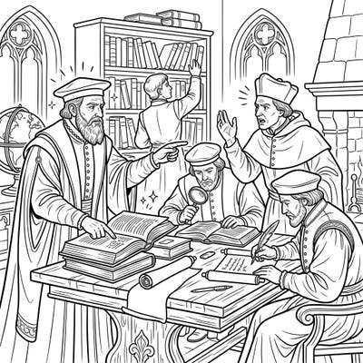 Immerse yourself in a scene of profound intellectual debate and study with this detailed coloring page featuring Renaissance theologians. Bring to life the era of enlightenment and spiritual discovery through your artistic touch.
