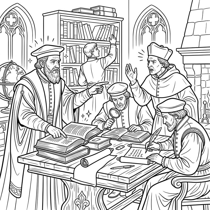 Immerse yourself in a scene of profound intellectual debate and study with this detailed coloring page featuring Renaissance theologians. Bring to life the era of enlightenment and spiritual discovery through your artistic touch.