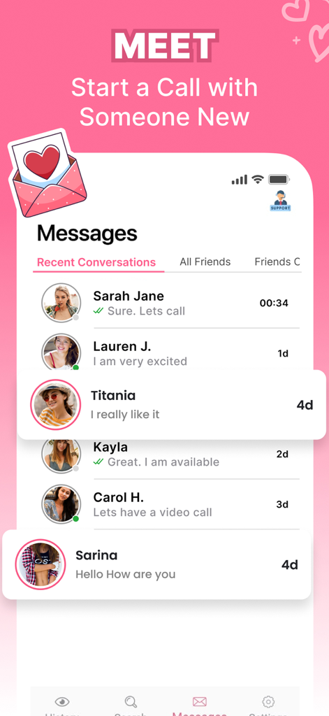 Flirtbees - Live Video Chat - Flirtbees app screen displaying a list of recent message conversations with different profiles