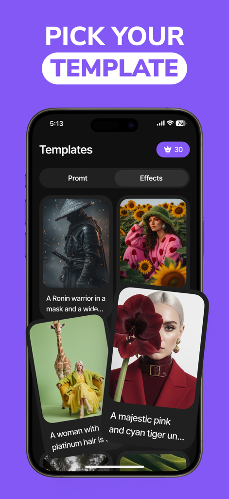Tela do aplicativo Pictory mostrando vários modelos de imagem gerados por IA para mídias sociais.