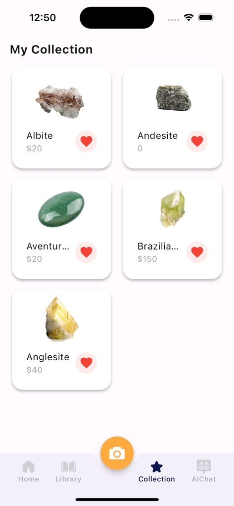 Rock Identifier - Stone ID - Digital gallery of a personal rock collection showing identified minerals and prices in the Rock Identifier app.