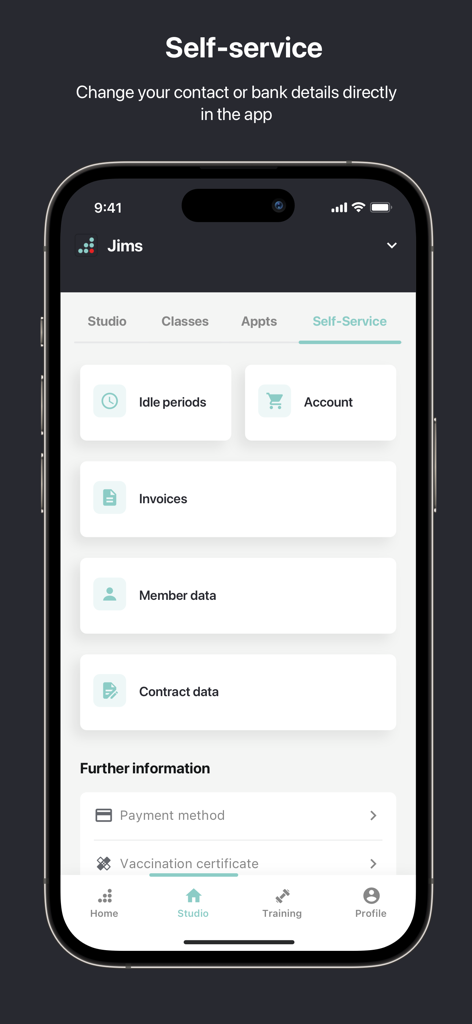 L'écran libre-service de l'application mobile Jims montrant les options permettant aux membres de gérer les détails du compte, les factures et les données contractuelles