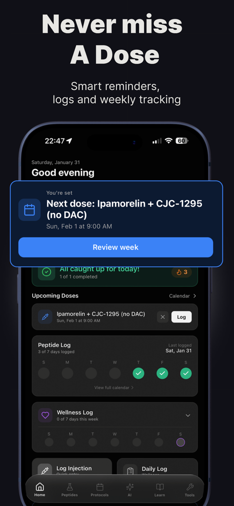 PeptIQ: Peptide Tracker - PeptIQモバイルアプリのダッシュボード。ペプチド投与量のリマインダーと週次の注射記録が表示されます。