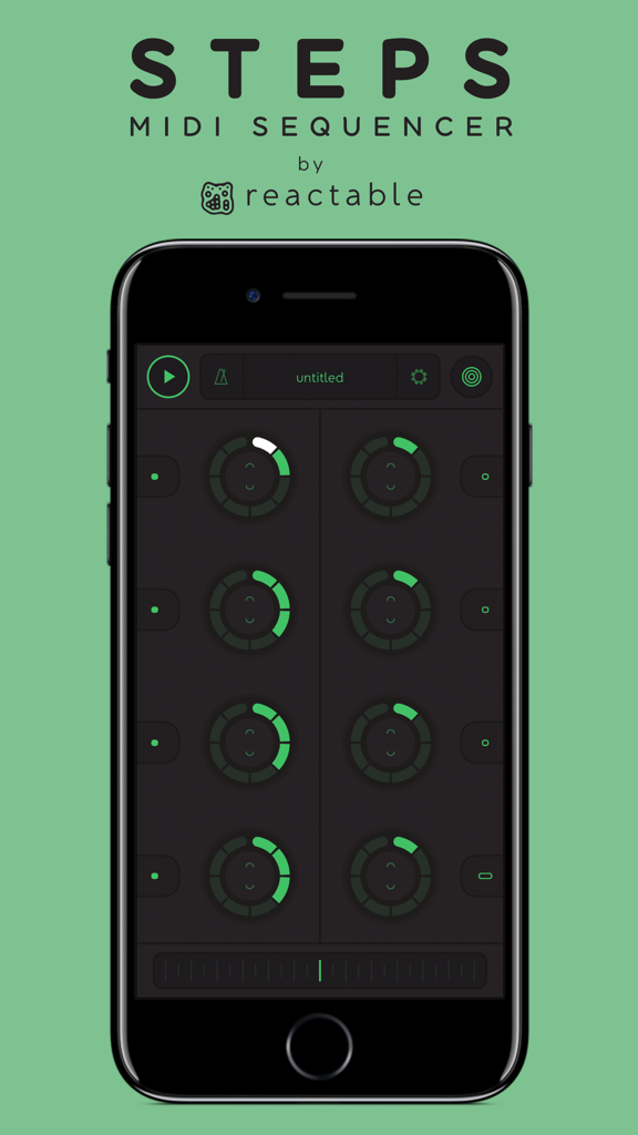 Aplicación STEPS MIDI Sequencer en un smartphone mostrando diales circulares para la producción musical.