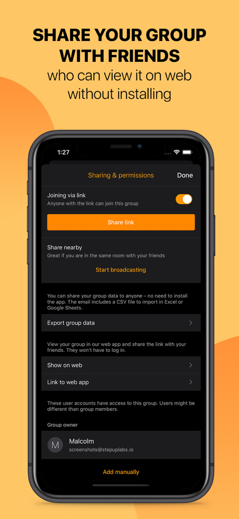 Settle Up app interface showing group sharing permissions and web view options for friends without the app