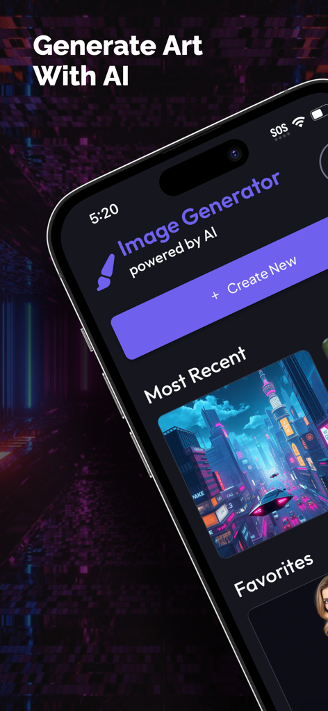 AI Art Generator: Photo, Image - Interfaz de la aplicación móvil AI Art Generator con una imagen futurista de ciudad ciberpunk.