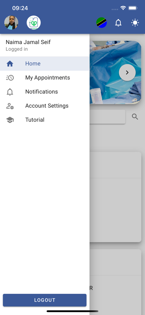Good Doctor Patient's App - Side navigation menu of the Good Doctor Patient's App showing user profile and account options