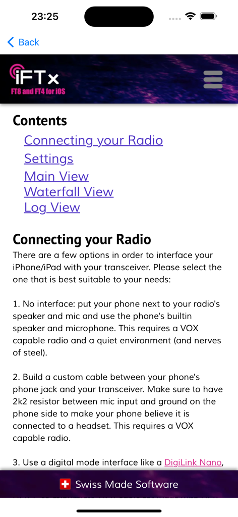 iFTx - Documentation screen of the iFTx app explaining how to connect an iPhone or iPad to a radio transceiver for FT8 and FT4 modes.