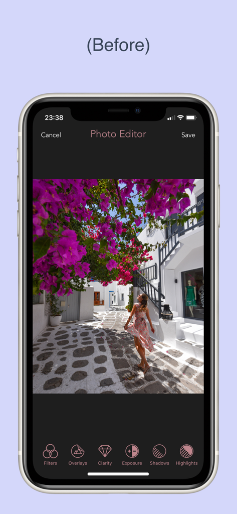 @izkiz - Iphone screen showing the izkiz app photo editor interface with a travel picture of a woman walking in a Mediterranean village.