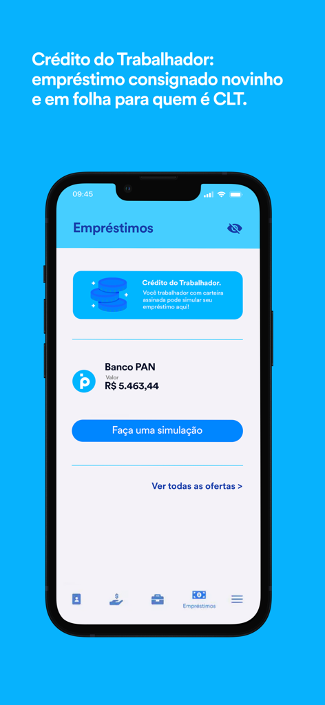 Banco PAN mobile app interface showing loan simulation for Brazilian workers