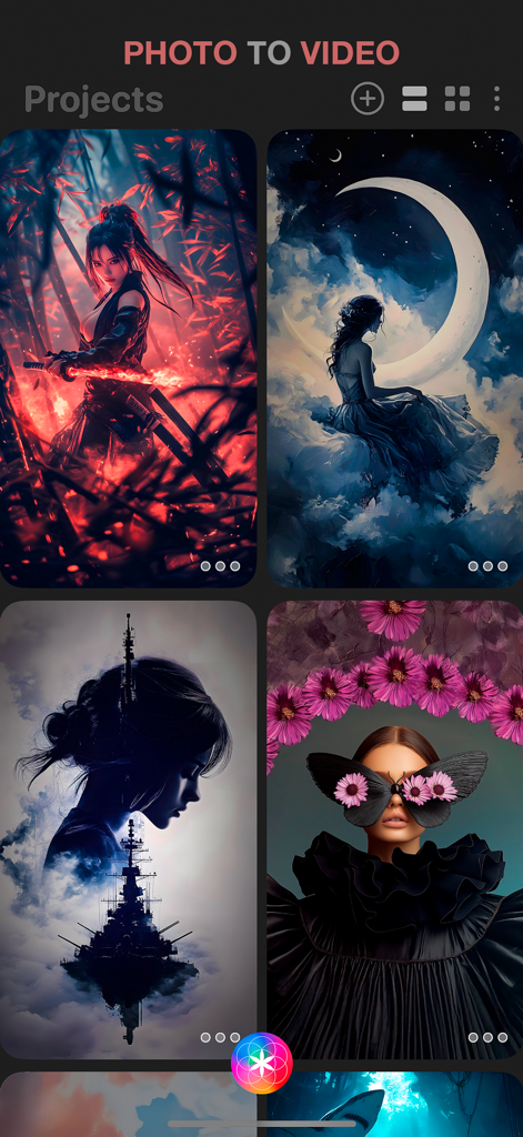 Plotaverse app screen displaying a collection of creative photo to video projects