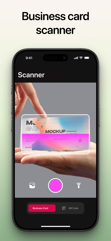 Smartphone interface showing the scanning feature of the Digital Business Card Maker app capturing a physical business card.