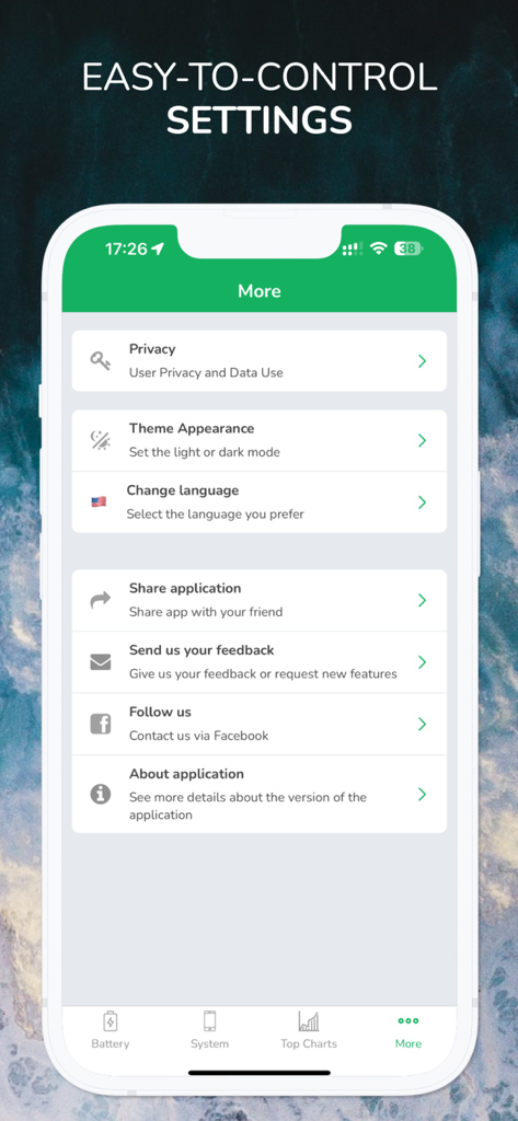 Screenshot of the Battery Testing app settings screen displaying options for privacy, theme appearance, language selection, and feedback.