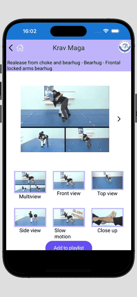 Krav Maga All - Krav Maga All app interface showing a frontal bearhug release technique with multiple camera angles and slow motion video options.