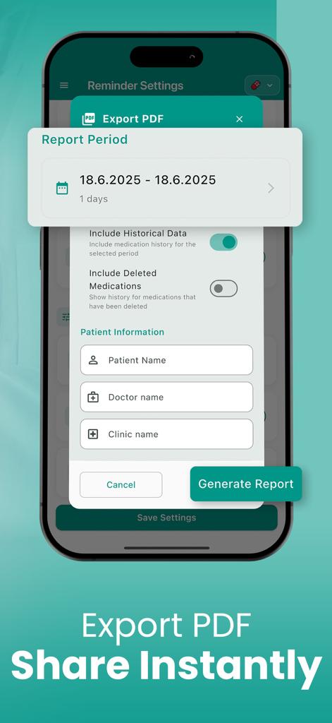 MedAlert: Pill Reminder - Interface do aplicativo MedAlert mostrando a tela de exportação de relatório de saúde com opções para intervalo de datas e informações do paciente