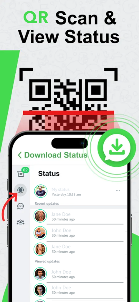 ProX : View once Photo Saver - Interfaz de la aplicación ProX que muestra el escaneo de códigos QR y una lista de estados de redes sociales disponibles para descargar