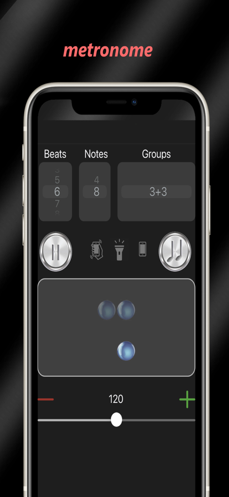 Interfaz del metrónomo en la aplicación Afinador de Guitarra mostrando compases personalizables, notas y ajustes de tempo.