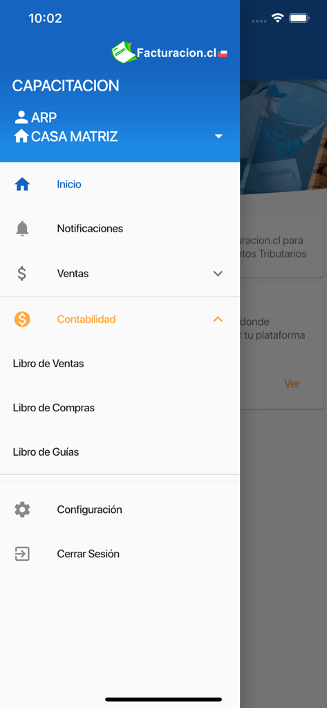 Facturacion.cl - Menú de navegación de la aplicación Facturacion.cl mostrando opciones de gestión contable y de ventas.