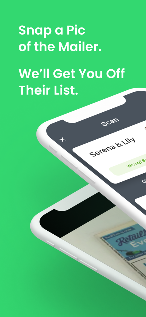 PaperKarma - Stop Junk Mail - Interfaz de la aplicación PaperKarma que muestra cómo sacar una foto del correo para darse de baja de las listas de correo basura