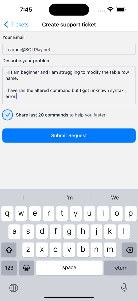 SQL Play — Learn SQL - Interface for creating a support ticket in the SQL Play app