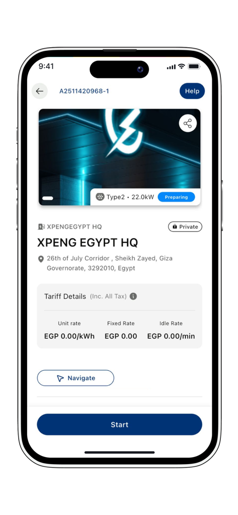 Electra By Raya - Interfaz de la aplicación móvil Electra By Raya que muestra la ubicación y la información arancelaria de la estación de carga de vehículos eléctricos para Xpeng Egypt HQ.