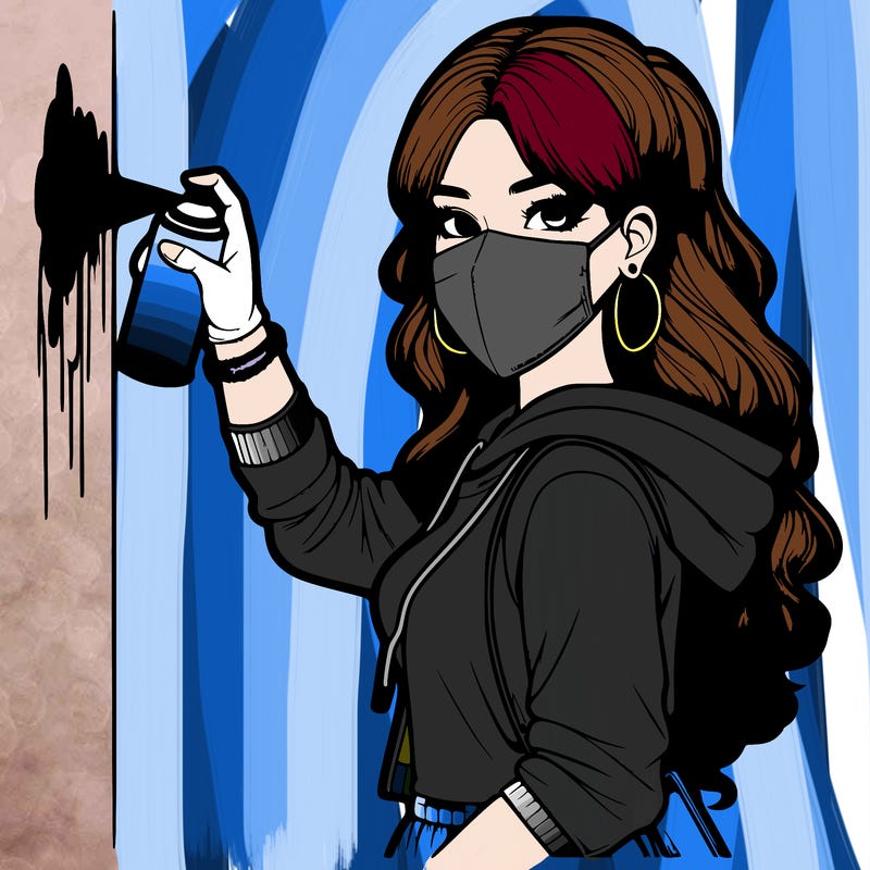 realistic girl with mask spray painting a wall