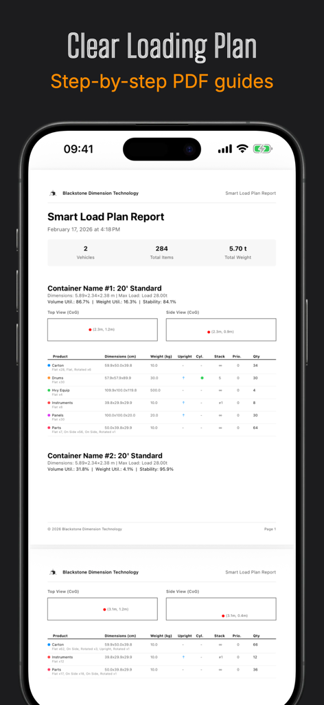 Smart Packer: 3D Cargo Planner - Un informe detallado del plan de carga en PDF que muestra las dimensiones del contenedor, los pesos de la carga y los gráficos del centro de gravedad.