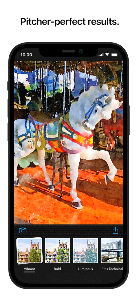 The Waterlogue app interface showing a photo of a carousel horse transformed into a watercolor painting with artistic presets