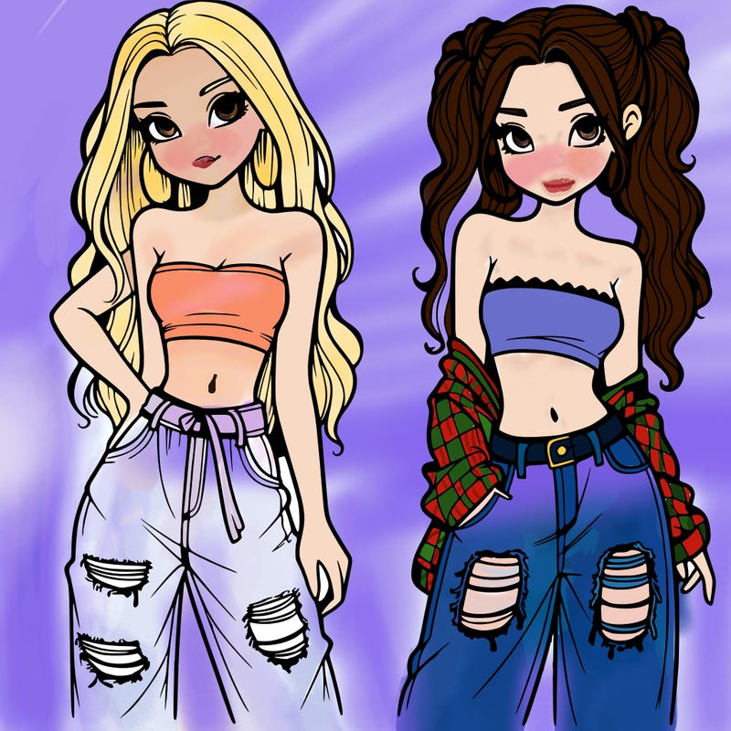 2 girls in crop tops and baggy jeans ripped
