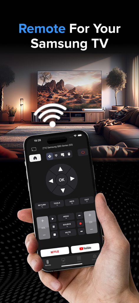 Control Samsung Smart TV - Uma mão segurando um iPhone exibindo a interface de um aplicativo de controle remoto Samsung TV em frente a uma smart TV em uma sala de estar.
