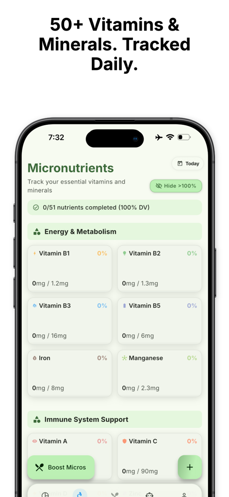 CalorieGram - Nutrition AI - Interfaz de la app CalorieGram mostrando el seguimiento diario de vitaminas y minerales.