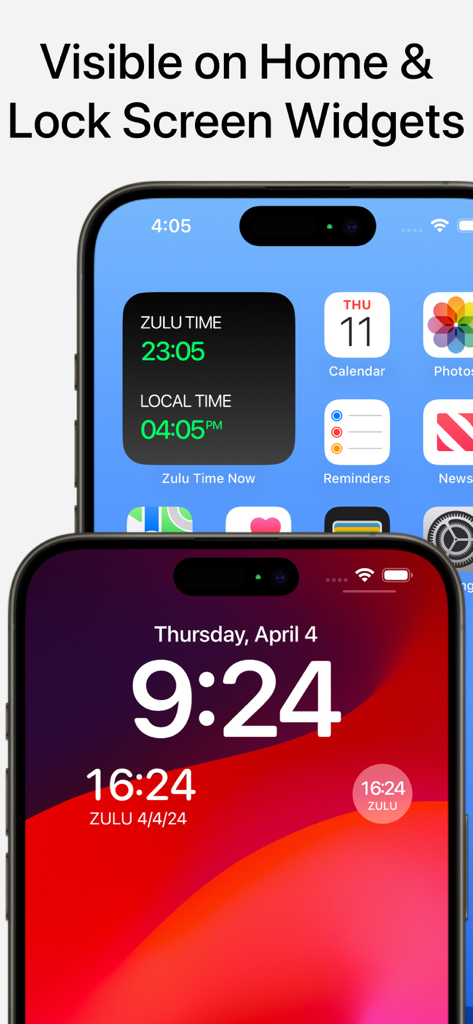 Zulu Time and UTC clock widgets displayed on iPhone home and lock screens