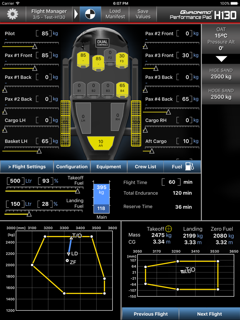 Gyronimo Flight Pad weight and balance dashboard for Airbus H130 helicopter
