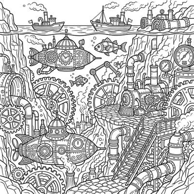 Unleash your creativity with this incredible steampunk deepwater lakes coloring page, featuring a vibrant underwater world bustling with Victorian-era machinery. Explore intricate submarines, colossal gears, and fascinating industrial structures hidden beneath the waves.