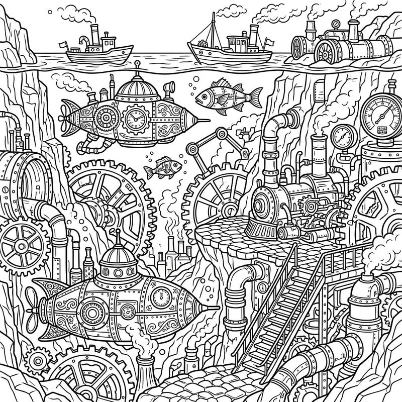 Unleash your creativity with this incredible steampunk deepwater lakes coloring page, featuring a vibrant underwater world bustling with Victorian-era machinery. Explore intricate submarines, colossal gears, and fascinating industrial structures hidden beneath the waves.