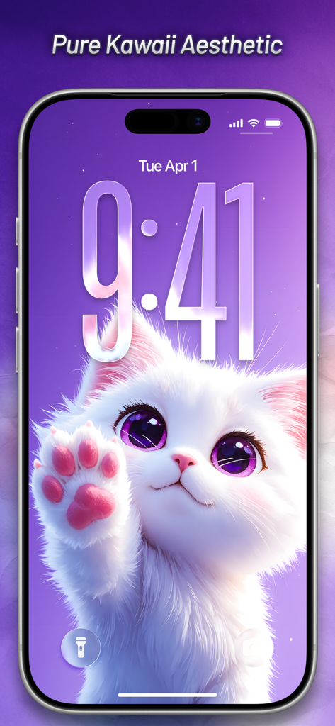 Kawaii Wallpapers Cute Anime - iPhone lock screen showing a cute white kitten with purple eyes on a purple aesthetic background