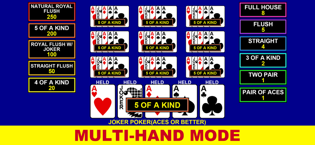 Video Poker - Casino Games - Gameplay screenshot of multi hand video poker featuring Joker Poker and five of a kind