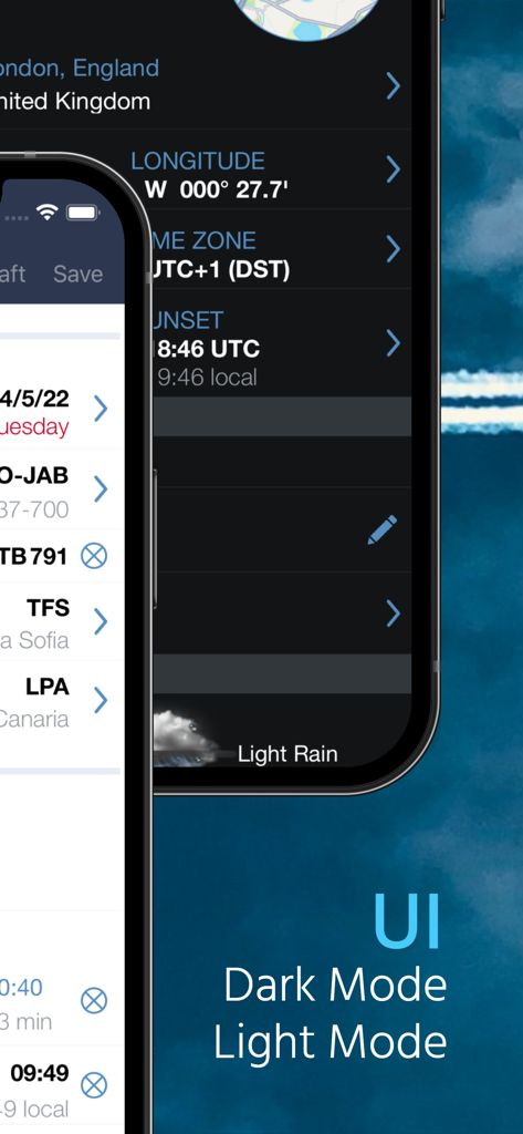 PILOTLOG - CrewLounge AERO - PILOTLOG app interface showing dark and light mode options for pilot flight tracking