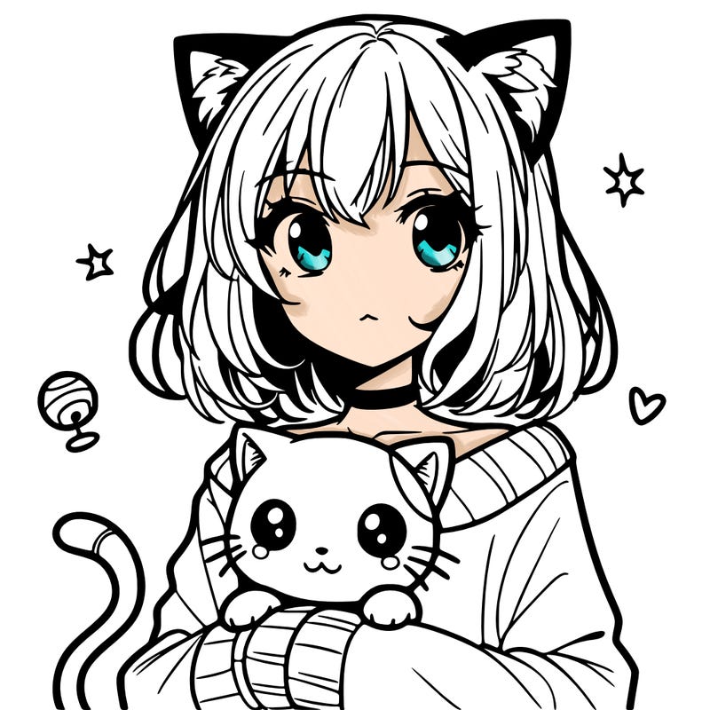 manga girl with cat ears and holding a cat