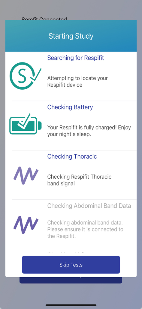 Somfit - Somfit app showing a checklist for starting a sleep study including device connection and battery level.