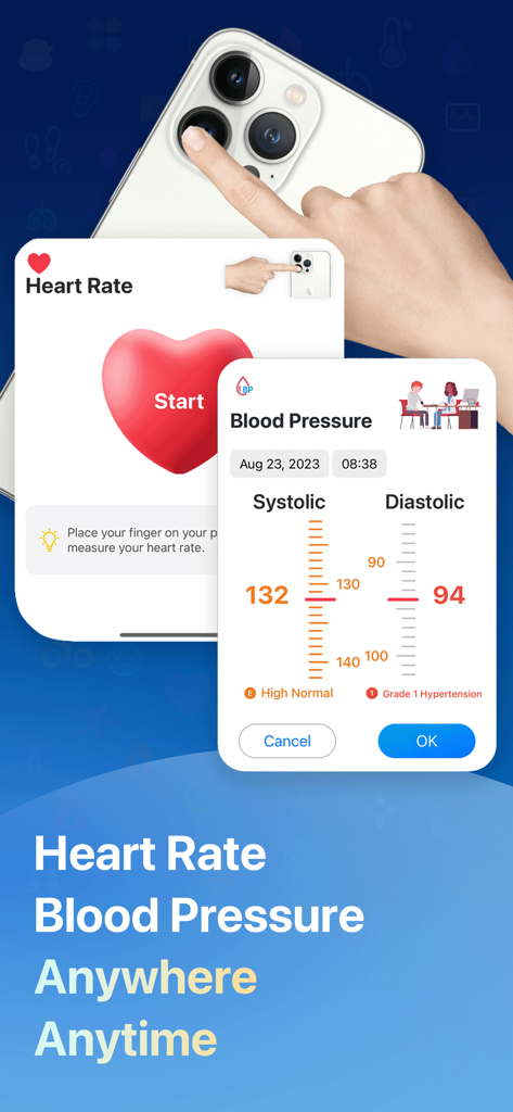 HeartyPro: Heart Rate & Stress - Heart rate measurement using iPhone camera and blood pressure tracking dashboard in the HeartyPro app.