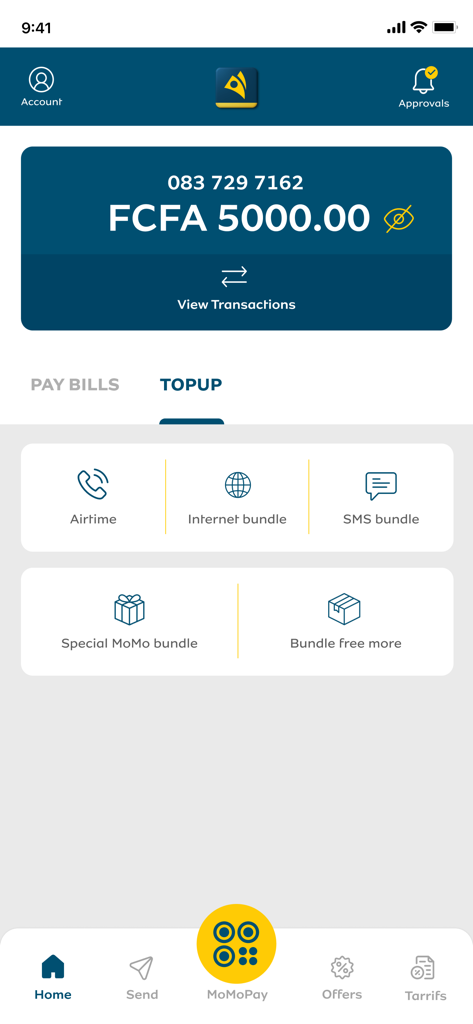 MTN MoMo - Écran d'accueil de l'application MTN MoMo montrant le solde du portefeuille et les options de recharge pour le crédit téléphonique et les forfaits de données