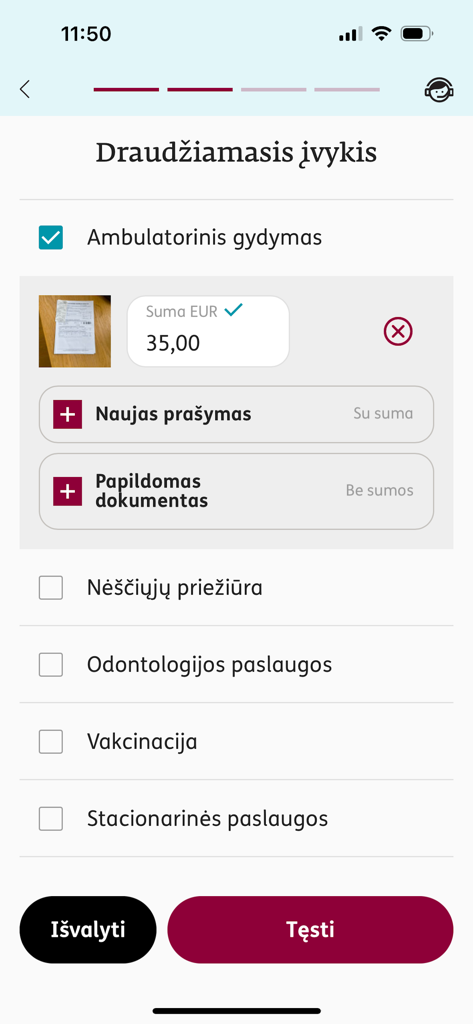 ERGO Lietuva - ERGO Lietuva mobile app interface for submitting an insurance claim with a photo of a receipt