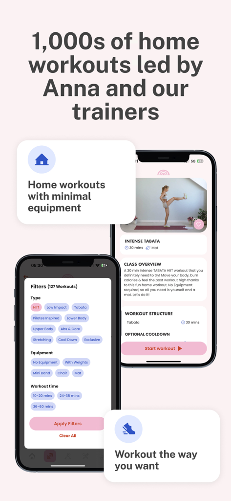 Grow with Anna - Grow with Anna App-Oberfläche mit Heim-Workout-Videos und anpassbaren Trainingsfiltern