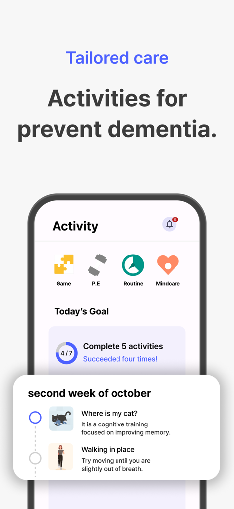 Silvia - Dementia games - Interface of Silvia app showing daily cognitive and physical activities for dementia prevention