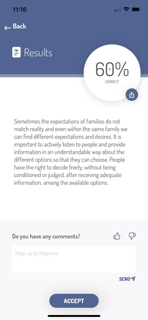LactApp Medical app assessment results screen showing a sixty percent correct score and clinical advice text.